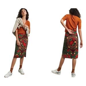 Farm Rio Naia Slim Midi Skirt XL Tropical Floral Anthro Elastic Waist